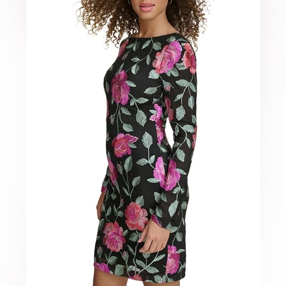 Siena Floral Embroidered Long Sleeve Cocktail Dress - Black Pink - Size 4 - NWT - Picture 3 of 5